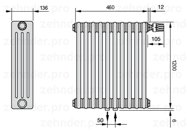 Схема (чертеж) Радиатор Zehnder Charleston 4120/10 №V008 Белый глянцевый RAL 9016